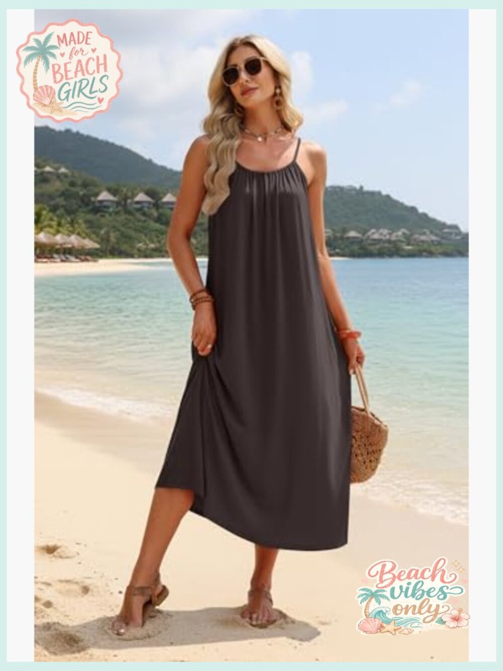 Backless Cami Maxi Sundress - Spaghetti Strap Beach Vacation Swimsuit Coverup - Picture 3 of 7